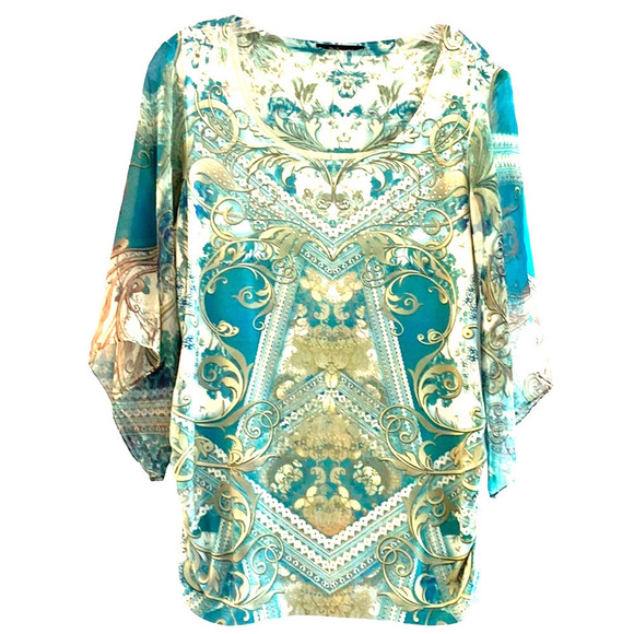 Blouse Luxurious feeling teal print. Scoop neck. Beautiful Angel sleeves. Medium - Picture 1 of 8